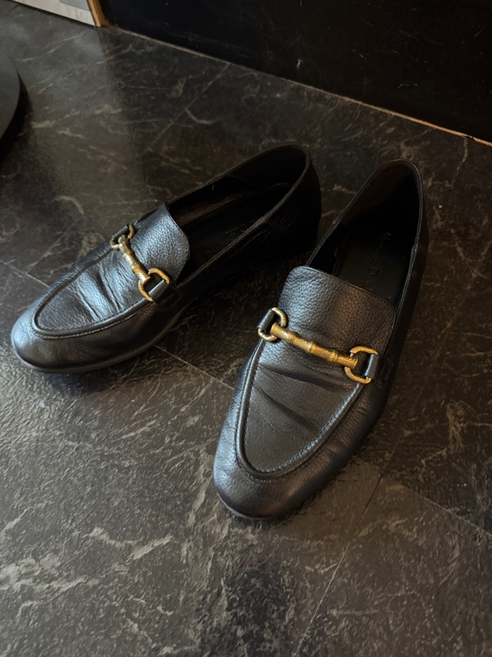 Women’s Black Leather Loafers with Gold Hardware